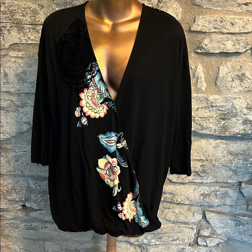 Desigual Black Floral-Trim Draped Tunic